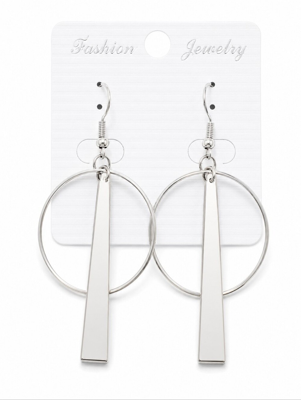 Silver Tone Geometric Circle & Bar Dangle Earrings Modern Minimalist Statement